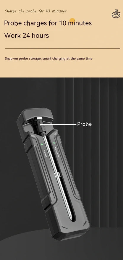 Black wireless kitchen thermometer with LCD display, two stainless steel probes, and magnetic backing for oven door attachment