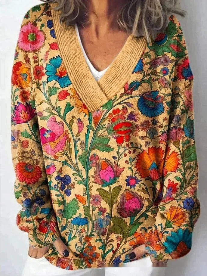 Women's V-neck long sleeve sweatshirt with a 3D floral print pattern in art retro style.