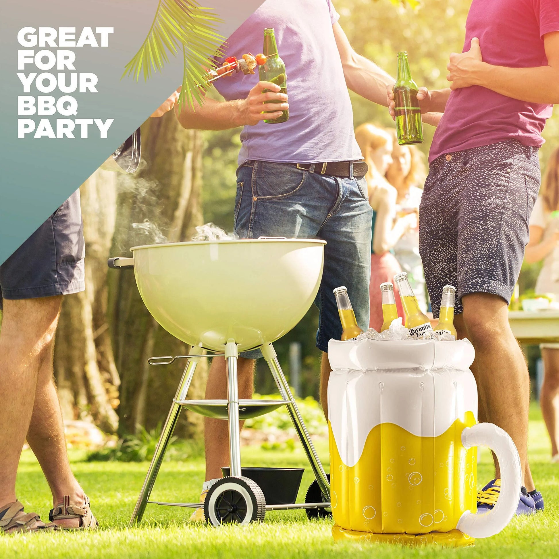 Large yellow inflatable beer mug shaped drink cooler floating in a swimming pool.