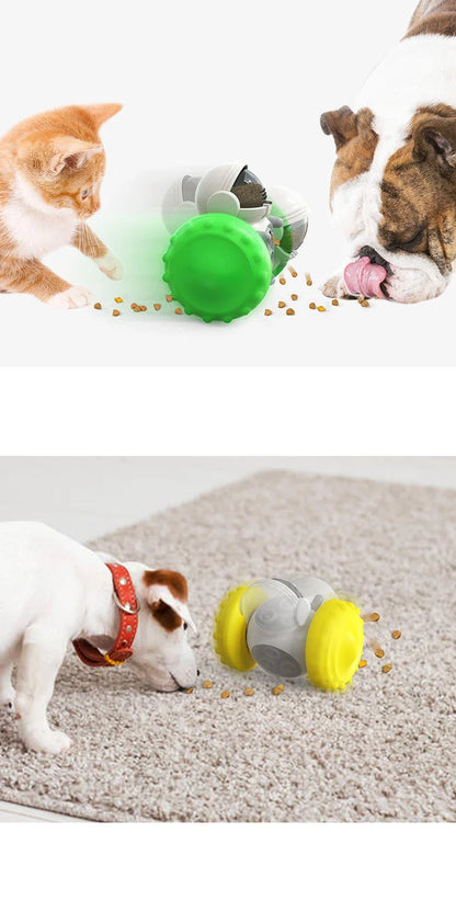 Interactive dog toy with food dispenser in yellow, green, and blue for mental stimulation