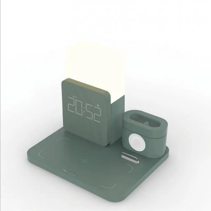Dark green 3-in-1 wireless charger stand charging phone vertically, smartwatch, and earbuds simultaneously