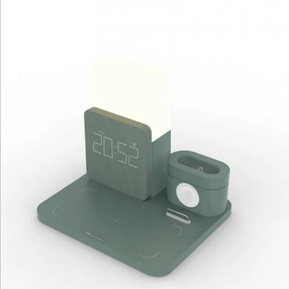 Dark green 3-in-1 wireless charger stand charging phone vertically, smartwatch, and earbuds simultaneously