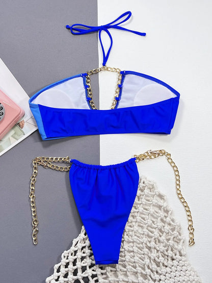 Blue solid colour women's two-piece nylon bikini swimsuit set.