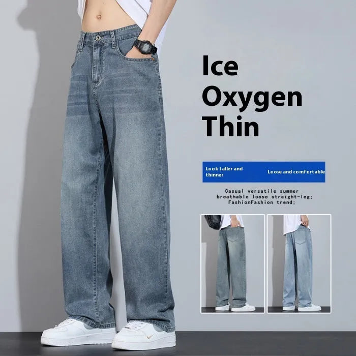 Straight-leg casual trousers in thin denim fabric with zip fly placket, available in UK2560 blue, grey, light blue, and vintage blue colours