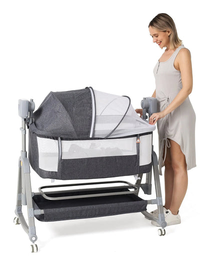 Innovative multi-function baby rocker with remote control, adjustable swing speed and timing, versatile design with lockable or sliding wheels, and cozy bass basket for newborn comfort