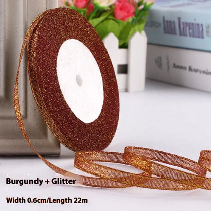 Polyester gift packaging bow ribbon showing 0.6cm width and colour options including gold leaf and metallic variations