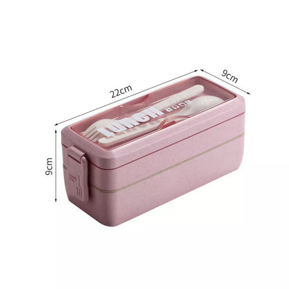 Wheat straw double-layer insulated lunch box in pink, green, and beige