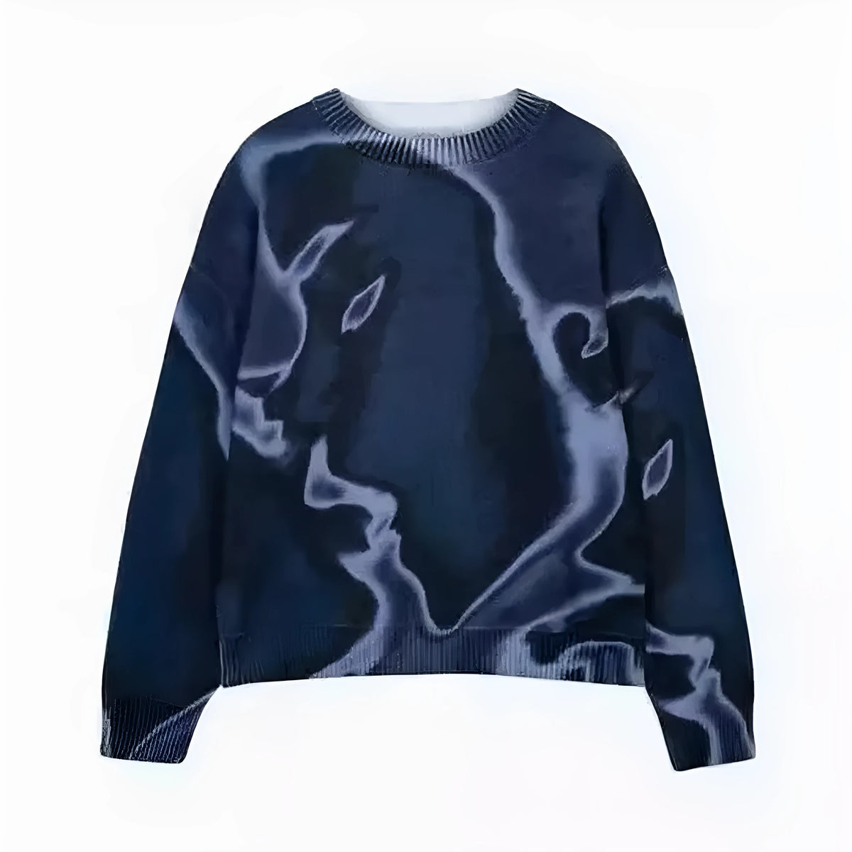 Printed polyester sweater in Black, Blue, or Rose Red, sizes XS to 3XL, long sleeve casual pullover