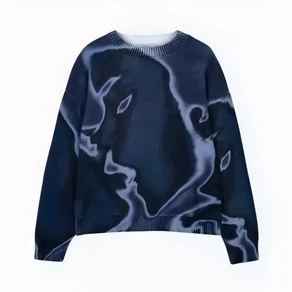 Printed polyester sweater in Black, Blue, or Rose Red, sizes XS to 3XL, long sleeve casual pullover