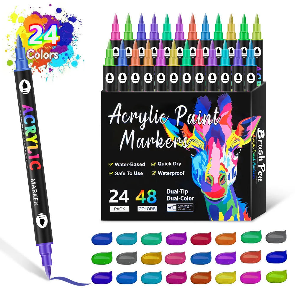 Set of double-headed acrylic marker pens showing washable opaque colours with quick-drying ink