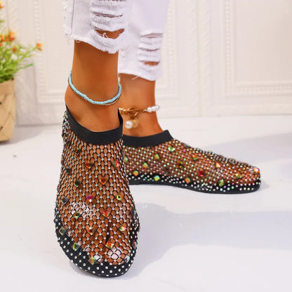 Women's flat sandals with mesh upper, colourful rhinestones, and rubber sole in sizes 35-43
