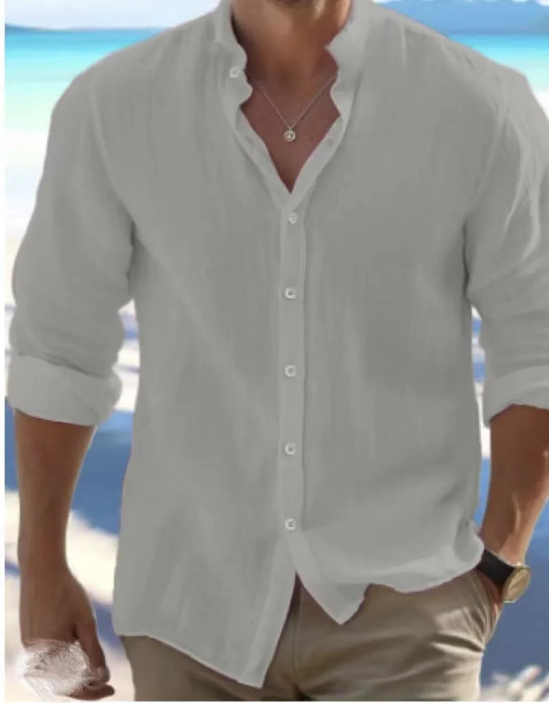 Men's white long-staple cotton pullover shirt with collage stitching detail, sizes S to 5XL