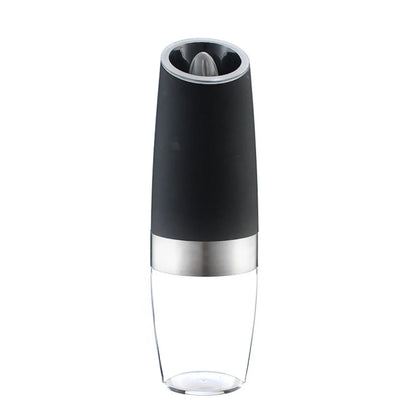Modern electric gravity pepper grinder in matte black with adjustable ceramic mill and blue LED light on.