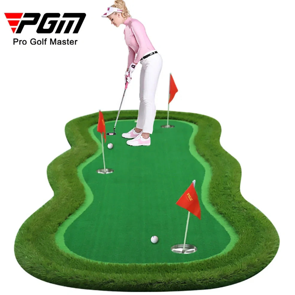 Green artificial turf putting mat measuring 1.5 by 3 metres for indoor golf practice