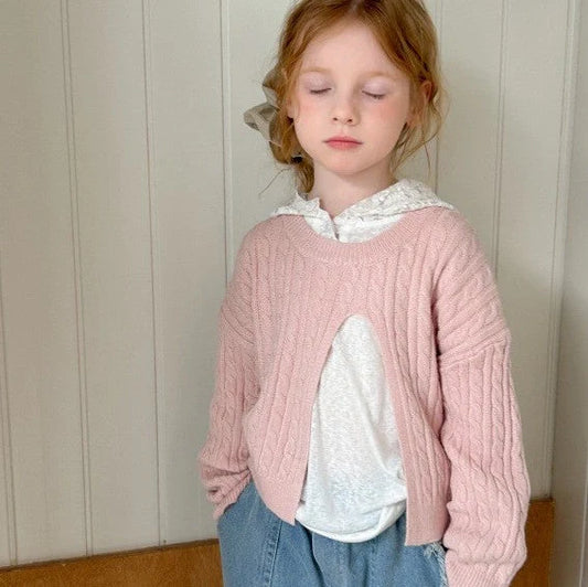 Girls' cotton knitted pullover in lotus root colour with single-breasted placket, shown on hanger