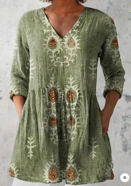 Women's printed wave loose dress with wide waist design and 3/4 sleeves in one of seven style options
