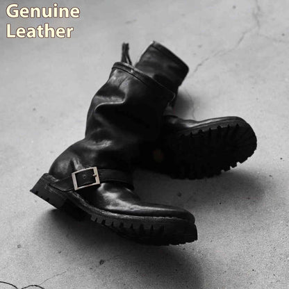 Men's dark retro Martin ankle boots with a zip fastener and round toe in black.