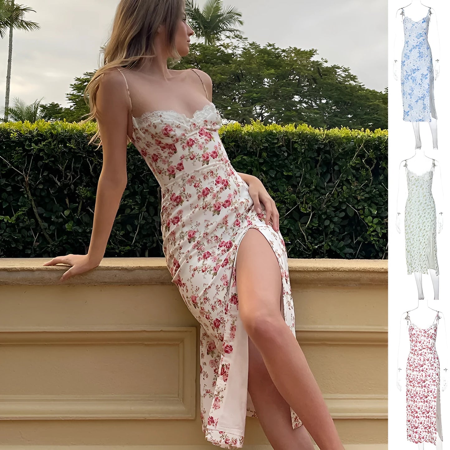 Women's lace print long dress with suspender straps and side slit in blue, green or red
