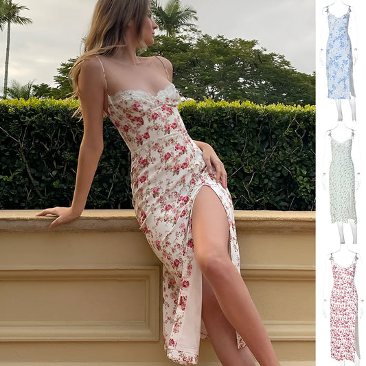 Women's lace print long dress with suspender straps and side slit in blue, green or red