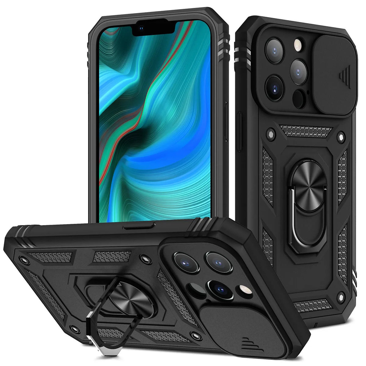 Magnetic iPhone case with sliding window bracket in sapphire blue colour showing adjustable viewing angle