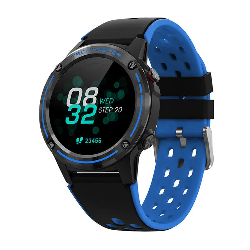 Blue sports smart watch with 1.3 inch screen displaying fitness metrics on silicone strap