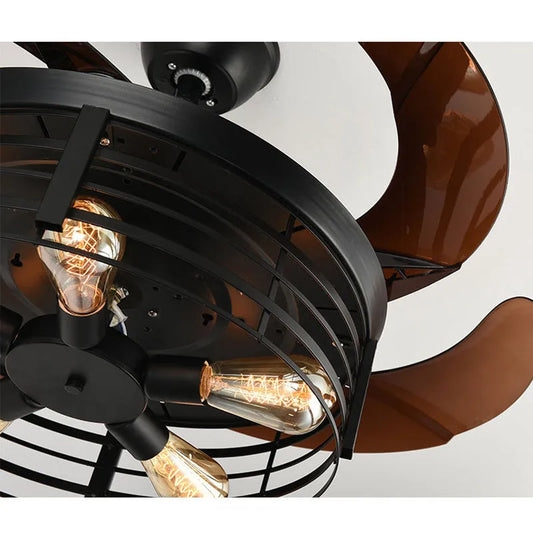 Industrial American retro ceiling fan lamp with 42-inch acrylic blades and remote control on wooden table