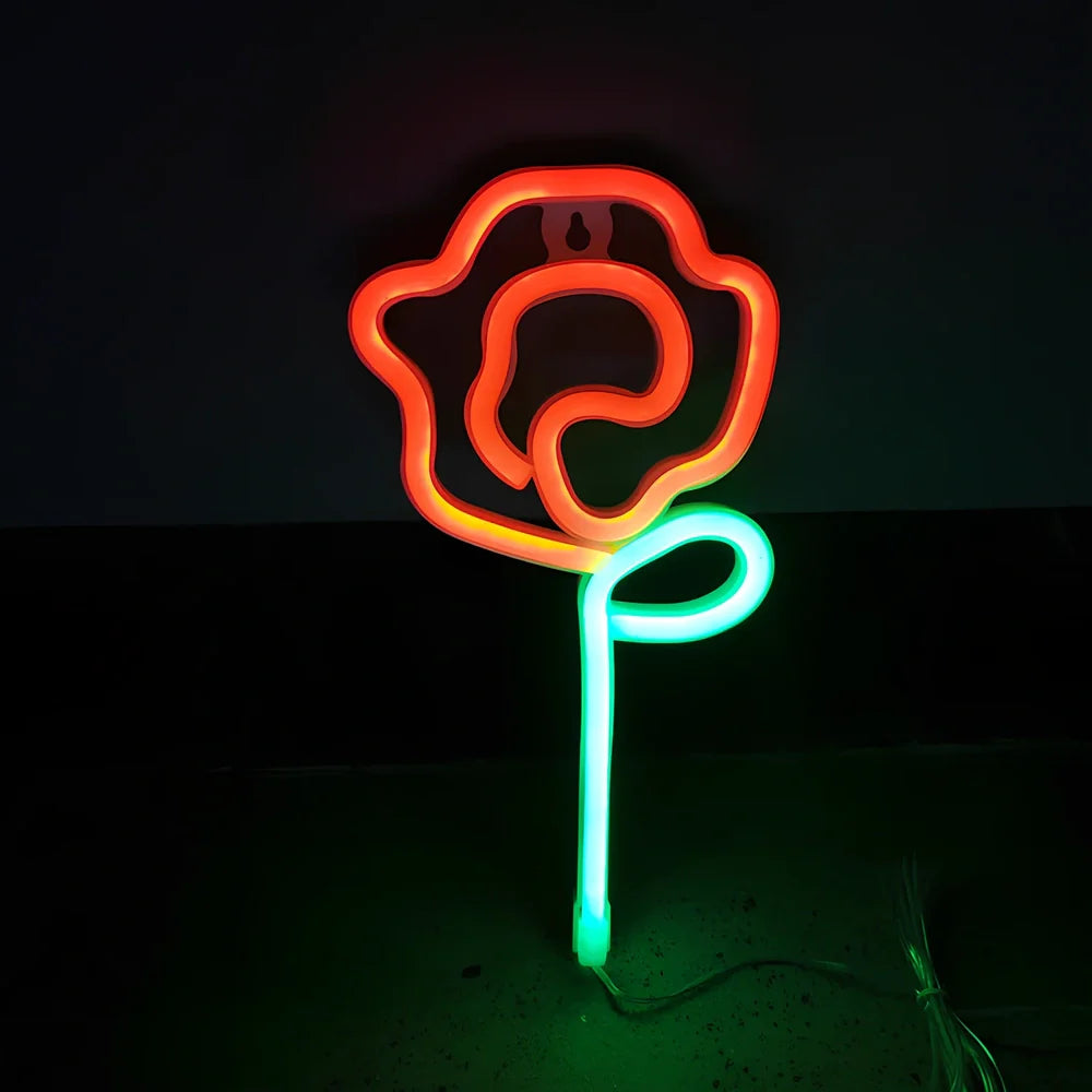 LED rose neon light with plastic shell measuring 14x28cm in multiple colour options for bedroom decoration