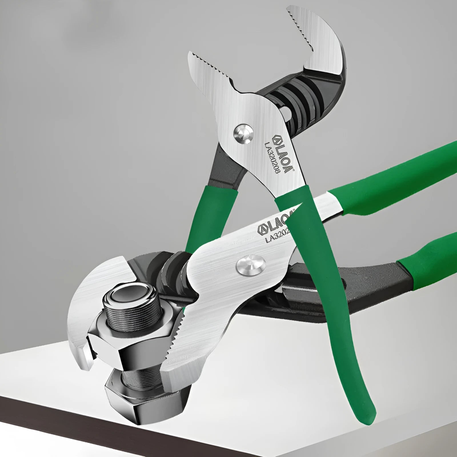 CR-V steel adjustable water pipe wrench set showing four sizes on a workbench.