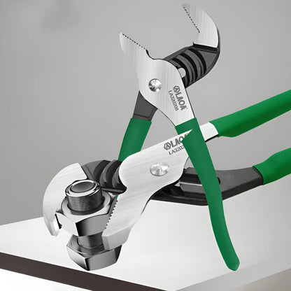 CR-V steel adjustable water pipe wrench set showing four sizes on a workbench.