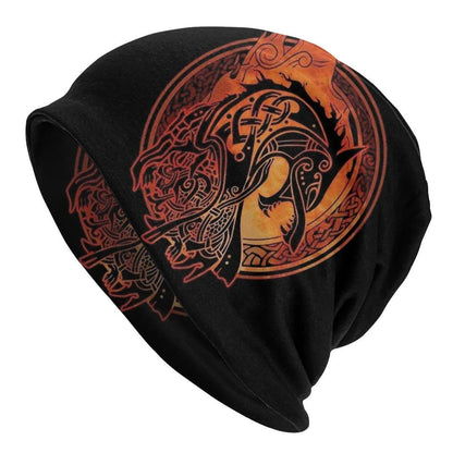 A black cotton hat with a white Viking wolf graphic and an elasticated sleeve cap construction.