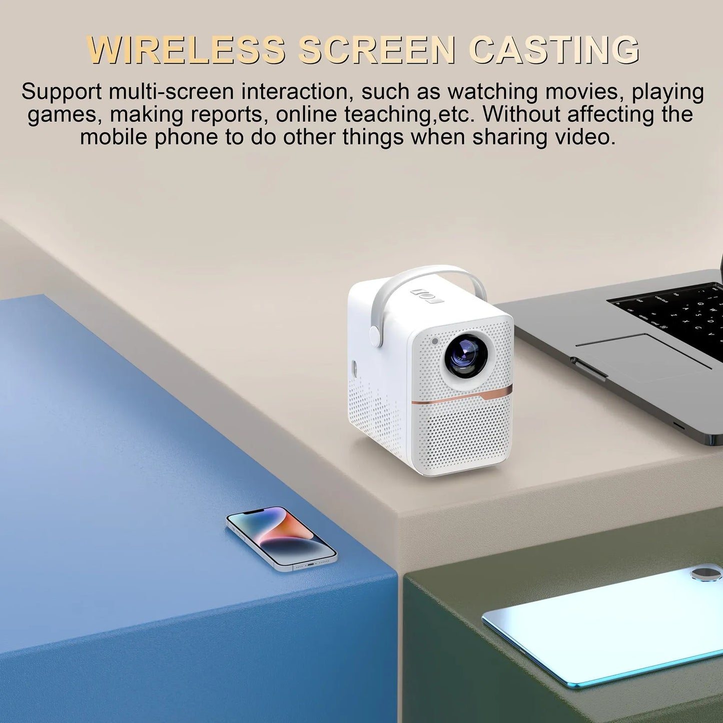 P10 2023 black and white mini portable Android LCD projector on a table.