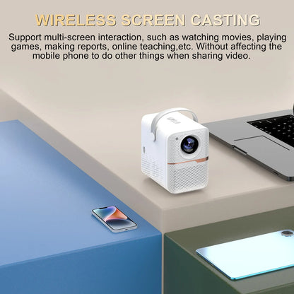 P10 2023 black and white mini portable Android LCD projector on a table.