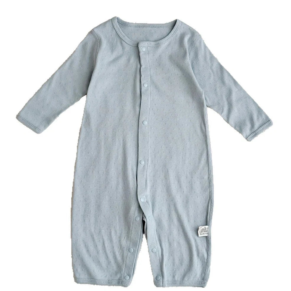 Pure cotton baby romper in blue with long sleeves and single-breasted closure, showing long climbing style design