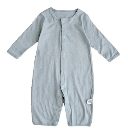 Pure cotton baby romper in blue with long sleeves and single-breasted closure, showing long climbing style design