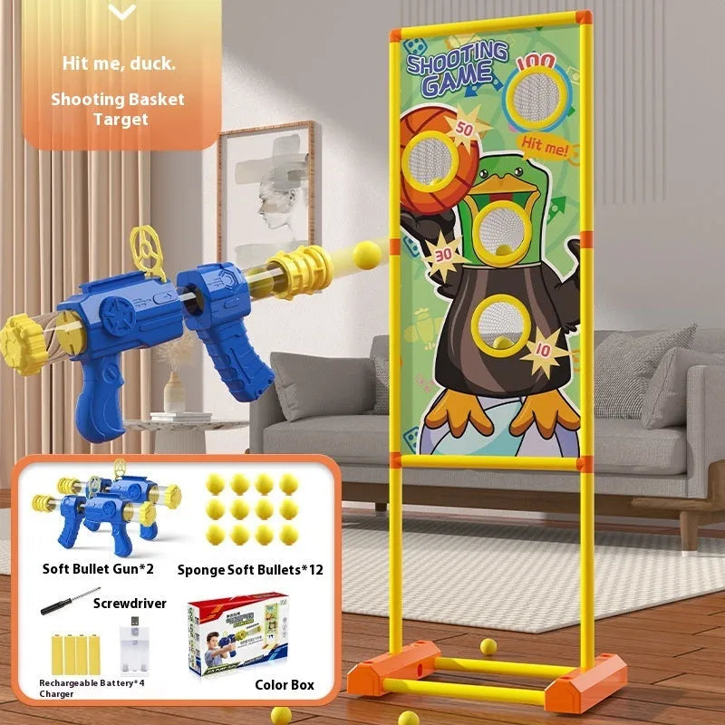 Children's plastic shooting toy set with 24 bullets in dinosaur or yellow duck style, USB powered