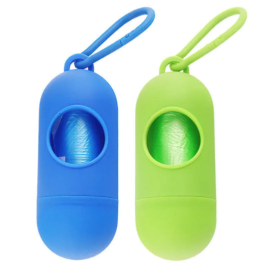 Dog poop bags holder with hook in various colours, showing Velcro fastening and compact 10cm size