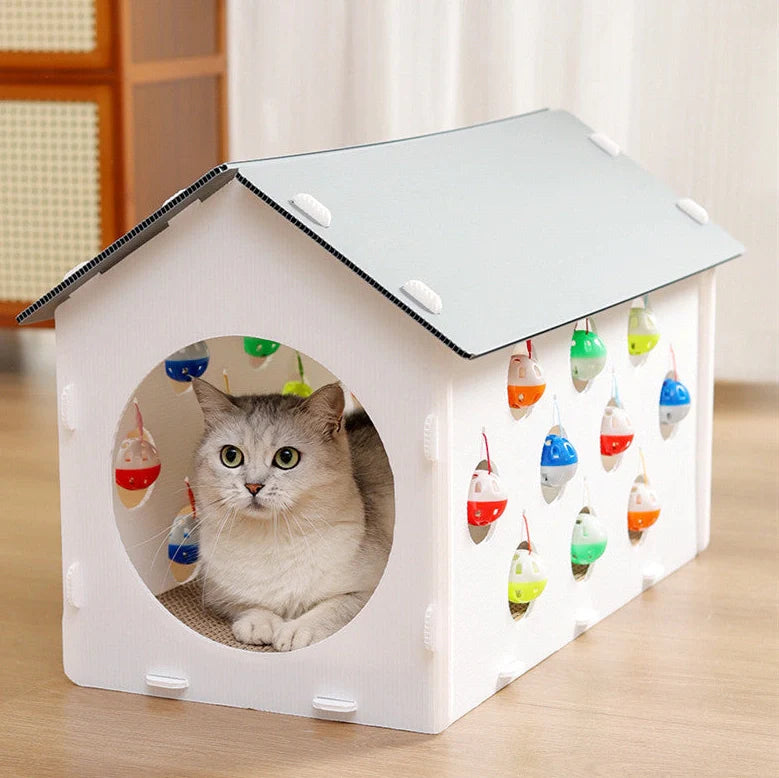 Integrated cat scratch board with attached nest and dangling bell ball toy on 15cm cord