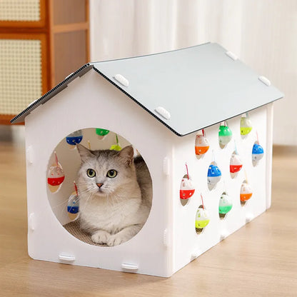 Cat scratch board with integrated 40cm nest and dangling bell ball toy for feline enrichment