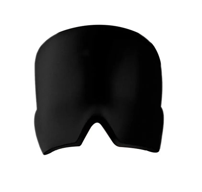 Black elastic gel headache relief mask laid flat showing eye contours and adjustable headband.