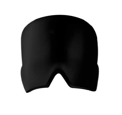 Black elastic gel headache relief mask laid flat showing eye contours and adjustable headband.