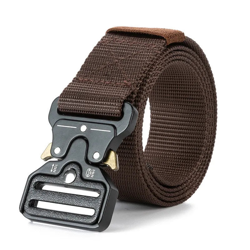Men's thick canvas tactical belt with an alloy release buckle, shown in Army Green colour.