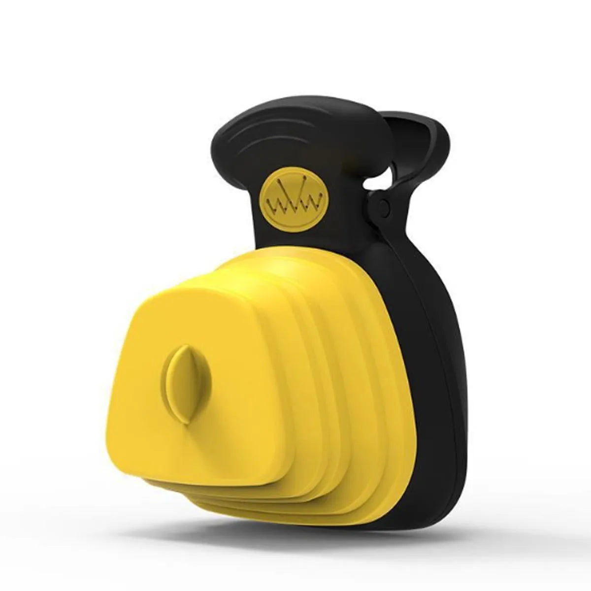 Blue portable dog pooper scooper with clip, unfolded waste container, and integrated bag dispenser.