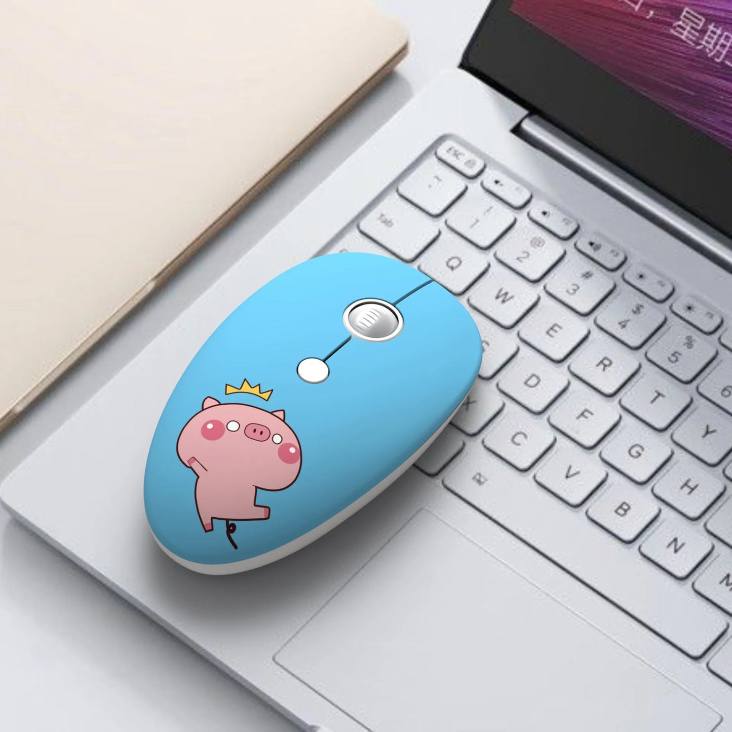 Wireless mini mouse with cartoon animal design showing compact 10.55cm width and USB receiver