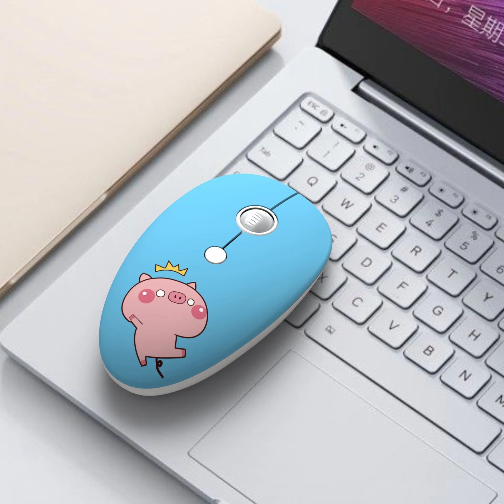 Wireless mini mouse with cartoon animal design showing compact 10.55cm width and USB receiver