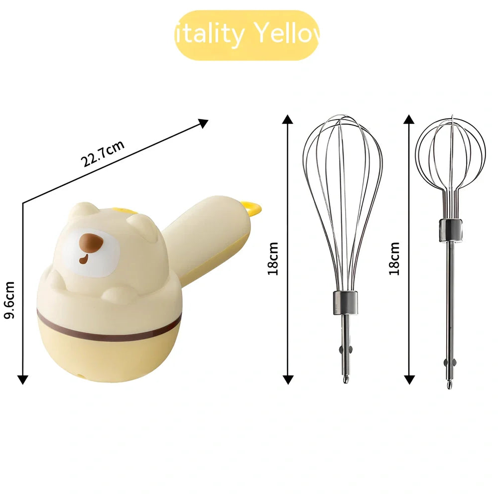 Yellow handheld electric whisk with stainless steel beaters and USB power cable