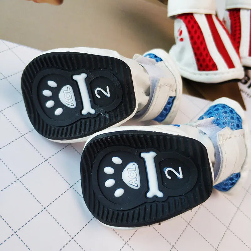 VIP Teddy Schnauzer zipper pet sneakers, cloth dog shoes with non-slip sole and warm lining, set of 4 pieces in blue, pink or red for general small dog breeds, easy on/off zip closure footwear