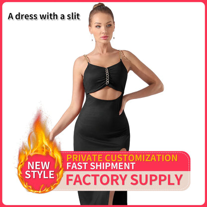 Elegant Women's Halter Sleeveless Split Dress in black, peacock blue, and reddish brown