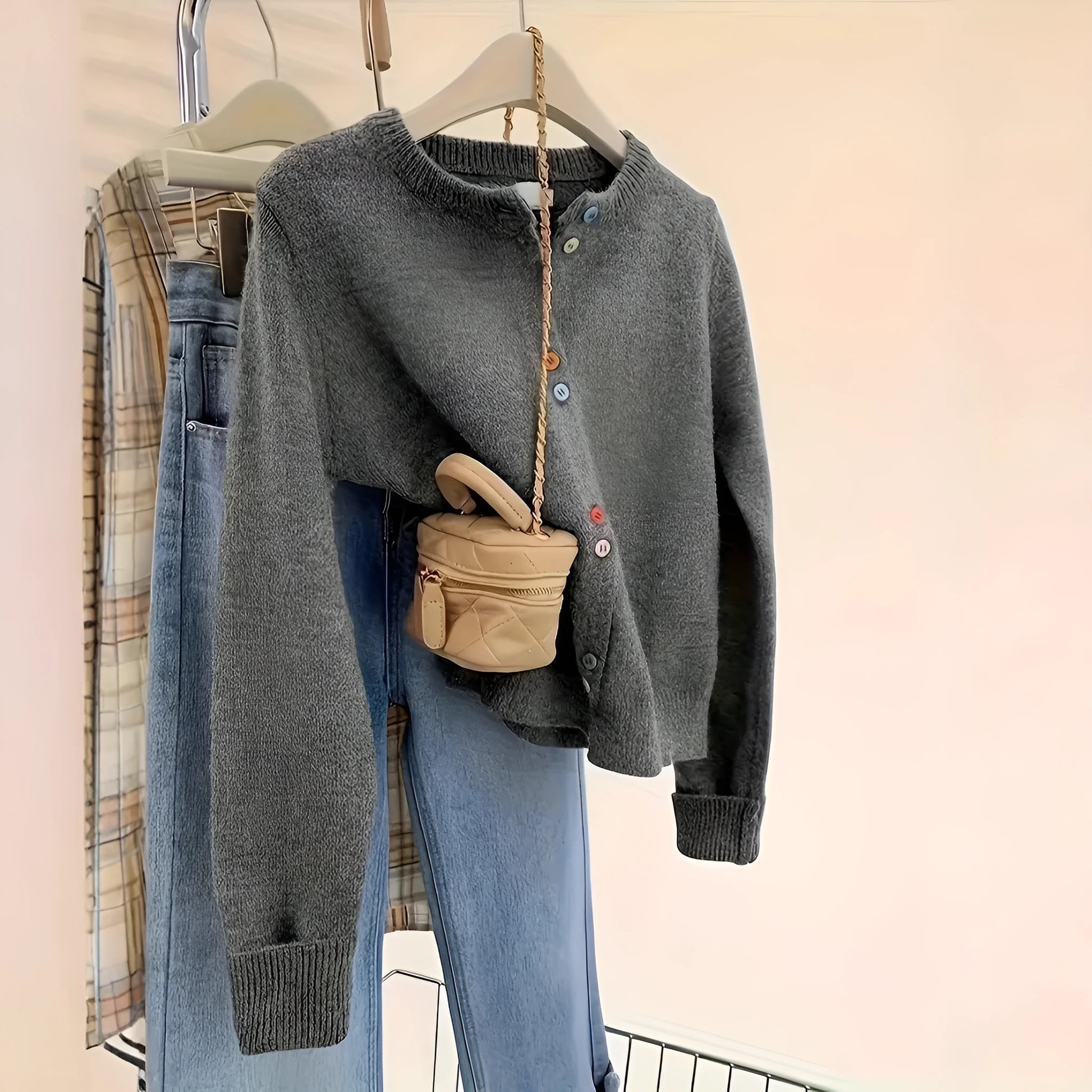 Women's dark grey polyester cardigan with button front and long sleeves