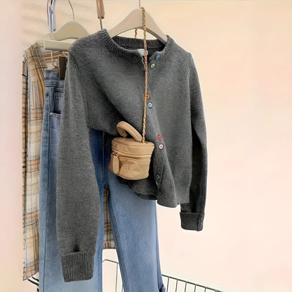 Women's dark grey polyester cardigan with button front and long sleeves