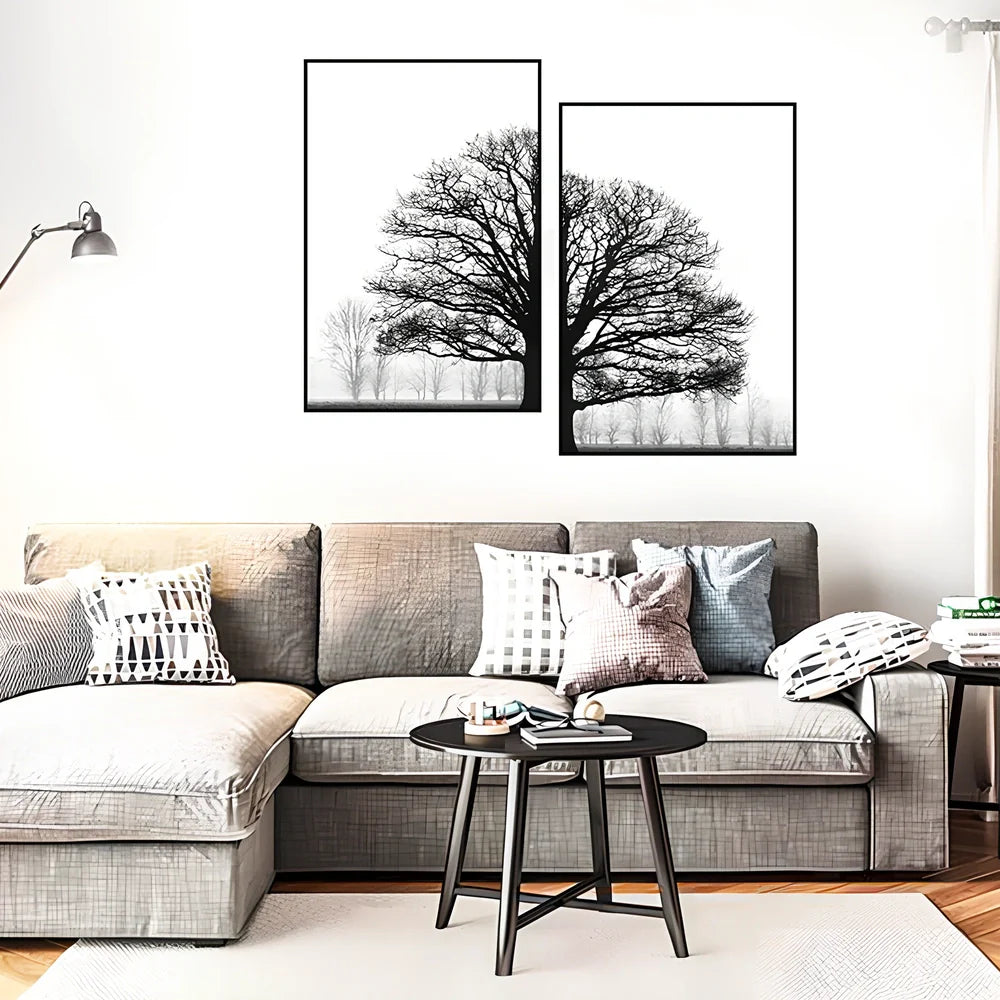 Frameless black and white winter trees canvas painting on wall, sizes 10x15cm to 70x100cm for bedroom decor
